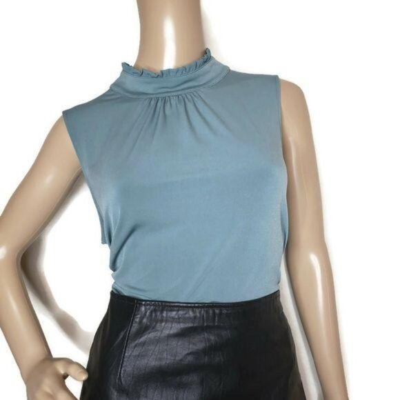Karl Lagerfeld Paris NWT Womens Blue Sleeveless High-Neck Ruched Blouse L - Picture 9 of 10